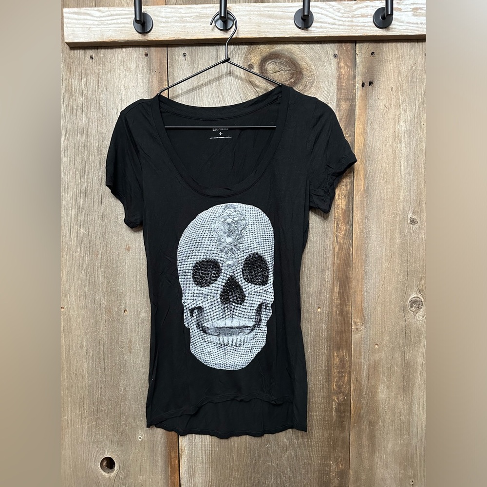 Express Scoopneck Jewel Skull Graphic Halloween T-Shirt in Black Size Small